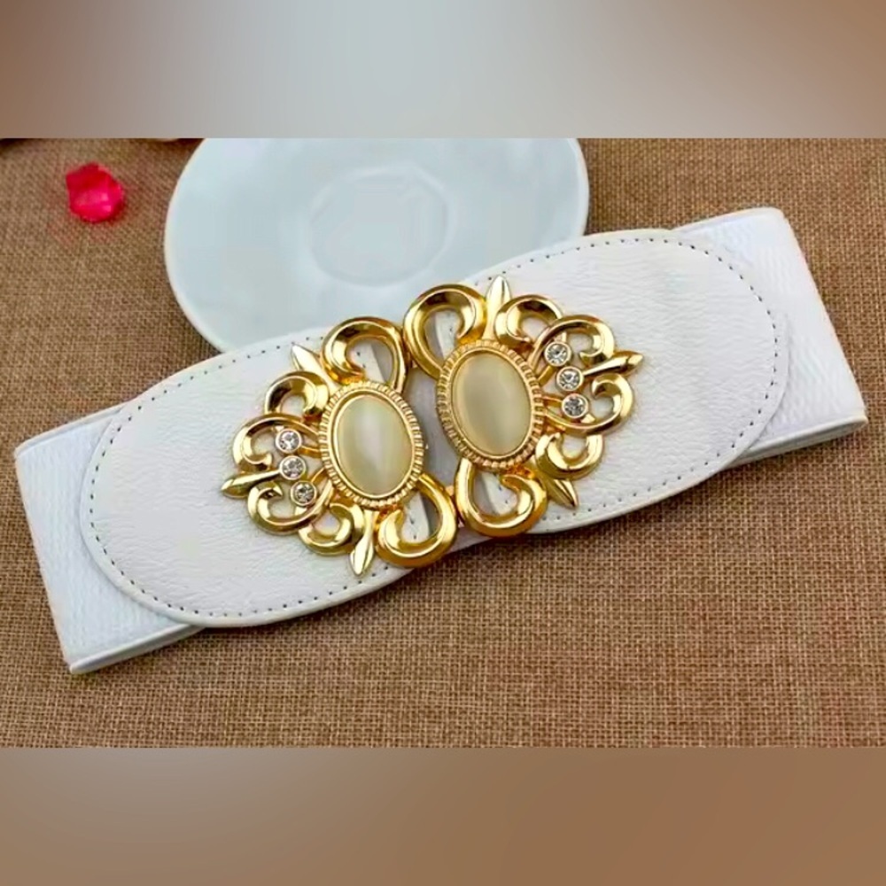 03-Rhinestone gemstone Wilde belt waistband elastic. Ivory color .